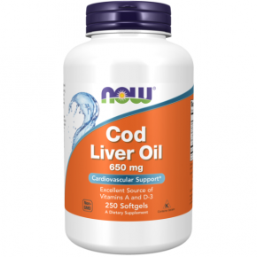 NOW - Cod Liver Oil / МАСЛО от ЧЕРЕН ДРОБ НА ТРЕСКА 650 мг - 250 Дражета