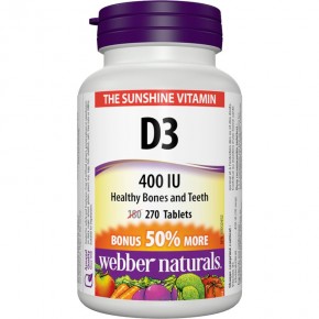 Витамин D3 (Vitamin D3) 400 IU За нормалното състояние на костите и зъбите, и укрепване на имунната функция  х 270 таблетки, Webber Naturals 
