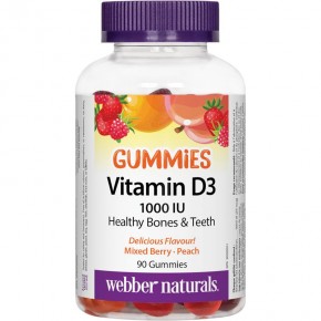 Витамин D3 Гъми (Vitamin D3 Gummies) 1000 IU Подпомага нормалното състояние на костите, зъбите и имунната система х 90 желирани таблетки, Webber Naturals