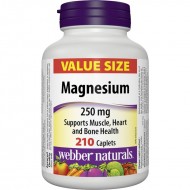Магнезий (Magnesium) оксид, малат, глицерофосфат, допринася за нормалното състояние на мускулната и сърдечно-съдовата система 250 mg х 210 каплети, Webber Naturals