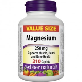 Магнезий (Magnesium) оксид, малат, глицерофосфат, допринася за нормалното състояние на мускулната и сърдечно-съдовата система 250 mg х 210 каплети, Webber Naturals