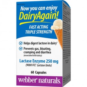 Лактаза Ензим (Lactase Enzyme) За хора, имащи непоносимост към лактоза, 250 mg х 60 капсули, Webber Naturals