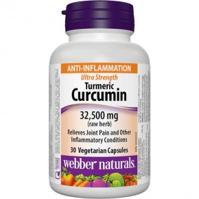 Куркума Турмерик Ultra Strength (Turmeric Curcumin Ultra Strength) При възпаление и болка в ставите, 32500 mg + Черен пипер х 30 V капсули, Webber Naturals