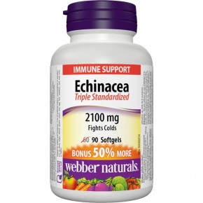 Ехинацея тройно стандартизиран екстракт (Echinacea Triple Standardized) Натурален имуностимулатор, предпазва от настинки и грип,  2100 mg х 90 софтгел капсули, Webber Naturals