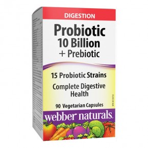 Пробиотик 10 млрд. активни пробиотици 15 щама + Пребиотици (Probiotic 10 Billion + Prebiotics) х 90 капсули, Webber Naturals