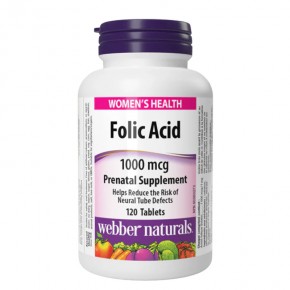 Фолиева киселина (Folic Acid) Подпомага репродуктивната система при жените 1000 µg х 120 таблетки, Webber Naturals