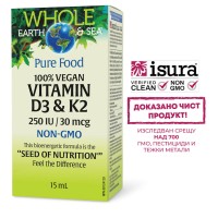 Whole Earth and Sea Витамин D3 250 IU и K2 30 mcg (веган формула), допринасят за нормалното състояние на костите, 15 ml капки, Natural Factors