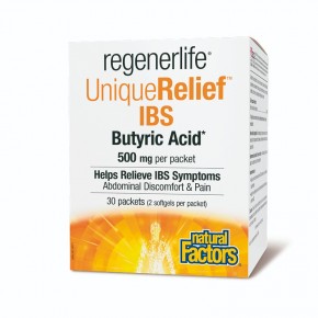RegenerLife Бутирова киселина 250 mg - късоверижна мастна киселина за чревна бариера и облекчаване при IBS, 30 пакетчета х 2 софтгел капсули, Natural Factors