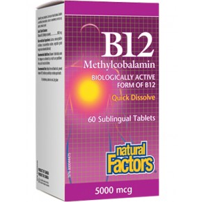 Витамин В12, Vitamin B12 Метилкобаламин 5000 µg 60 таблетки  Natural Factors